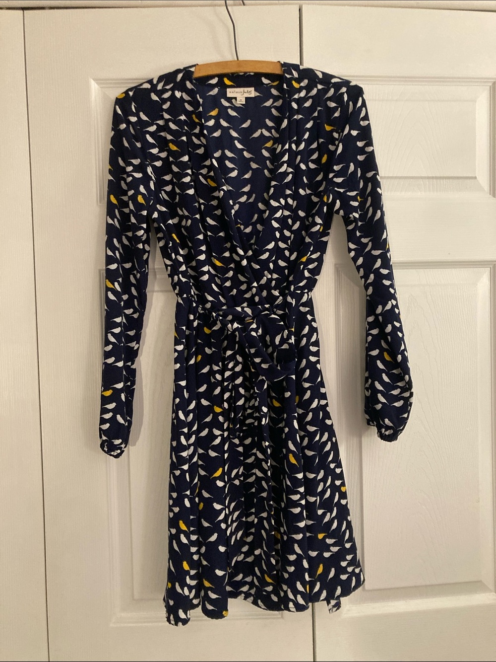 Maison Jules Navy Wrap Dress with White & Yellow Bird Print
